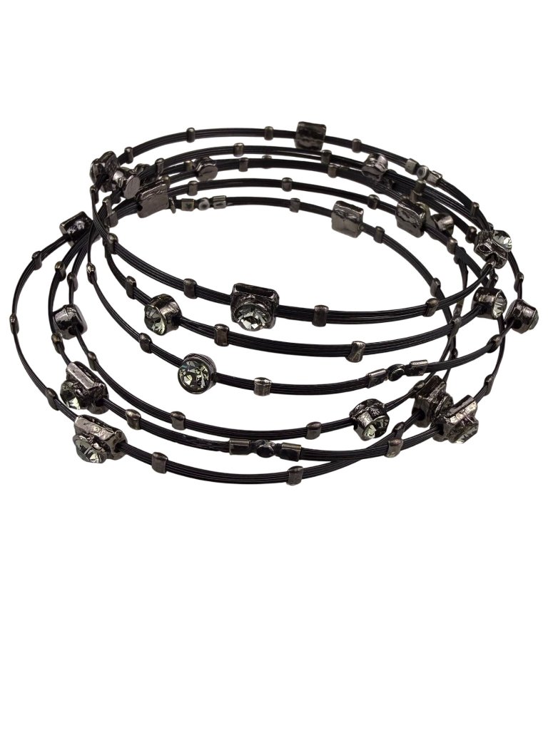 Seasonal Whispers Womens Black Metal Bracelets Set Crystal Accents Multi-Layer 150$